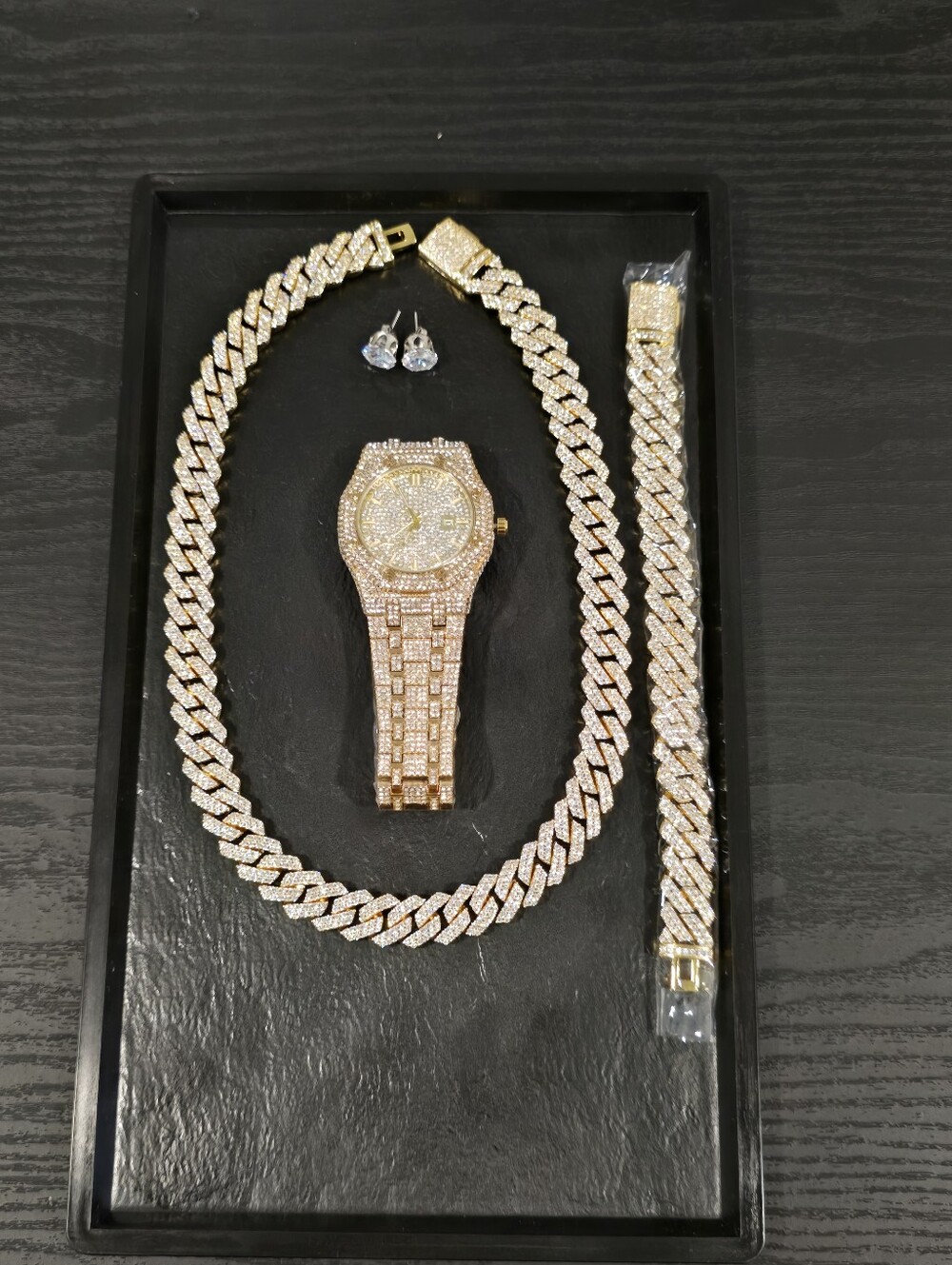 Qorn Father’s Day Drip 14mm 2-Row 18K Gold 5X Plated Cuban Set & 44mm Iced Watch